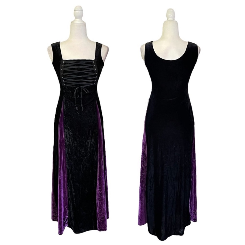 SOLD Cykxtees Goth Witchy Black Purple Velour Lace Up Maxi Sleeveless Dress